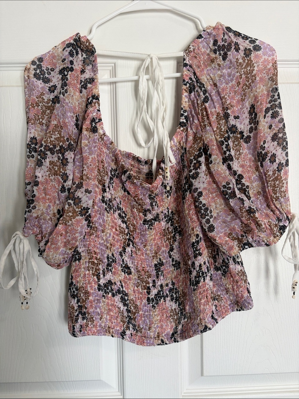 NWT Free People Pink Multi Floral Smocked Peasant Blouse - Picture 5 of 12